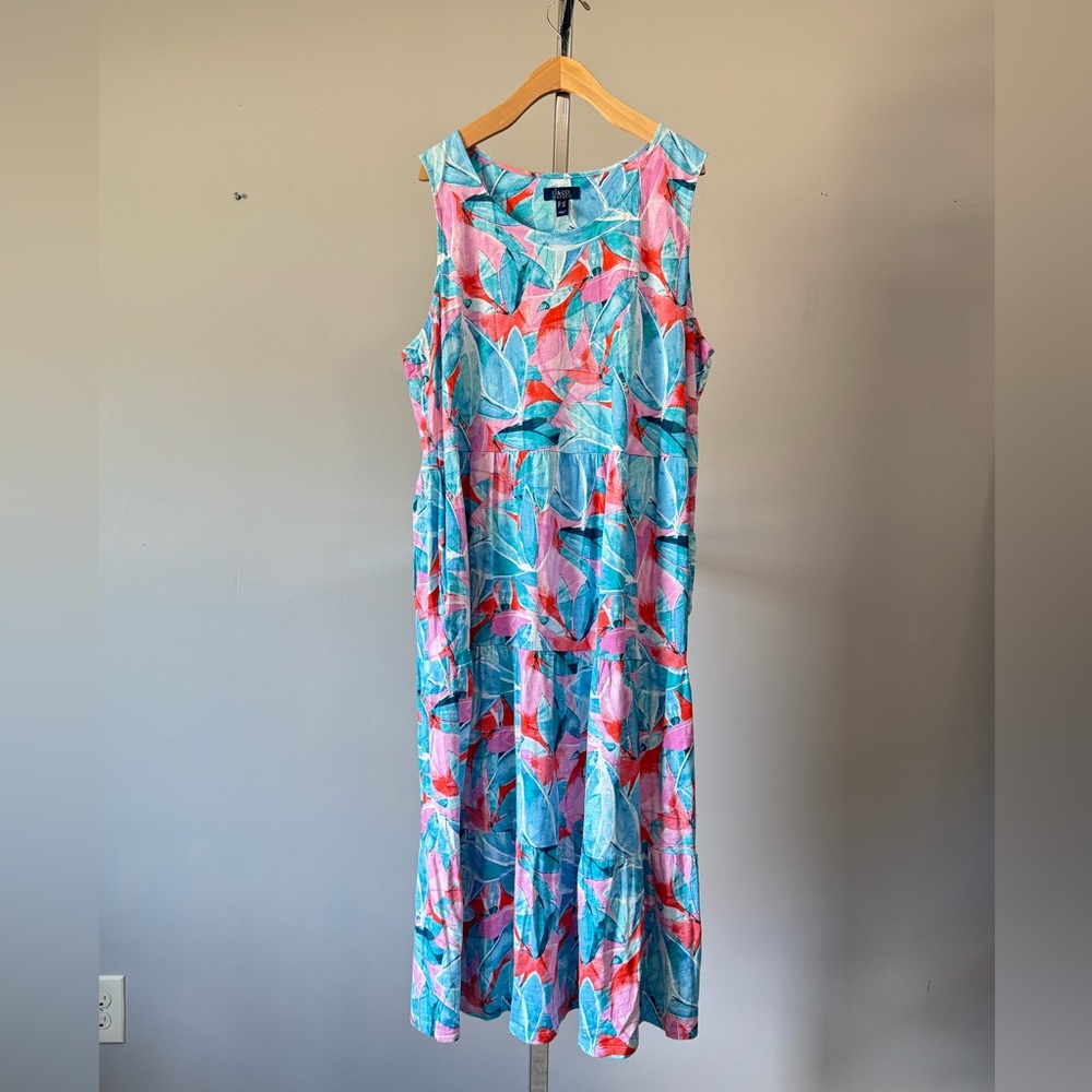 Denim & Co. Beach Printed Knit Linen Blend Midi Dress Pink/Blue 1X/16W